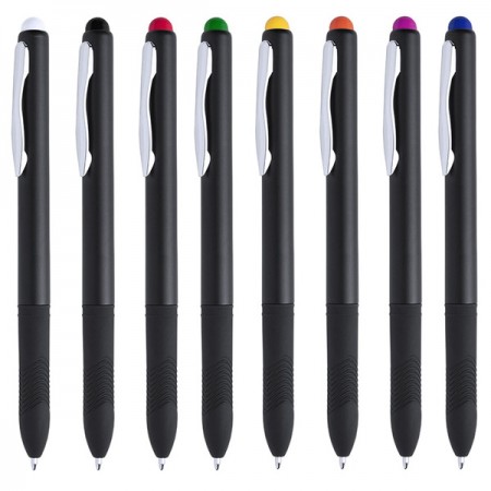 Boligrafos negros publicitarios con puntero de color y empuñadura de goma