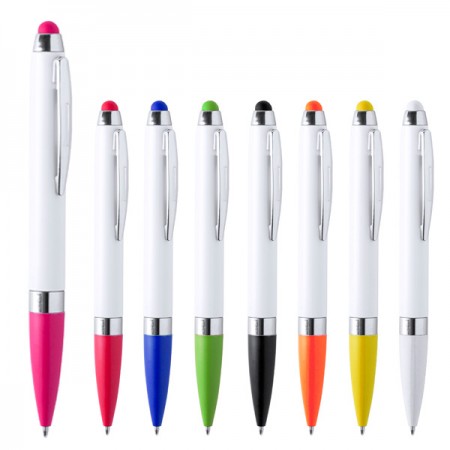 Bolígrafos blancos  contrastados en color con puntero y elementos cromados