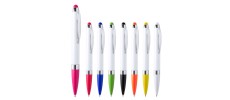 Bolígrafos blancos  contrastados en color con puntero y elementos cromados