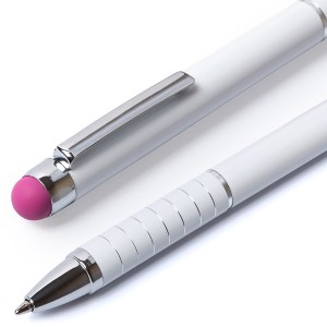 Bolígrafos puntero metálicos blancos con detalles en color personalizados con logo
