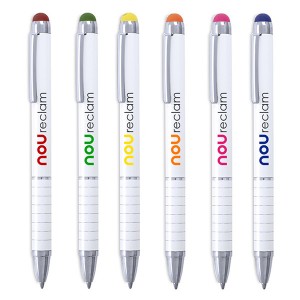 Bolígrafos puntero metálicos blancos con detalles en color